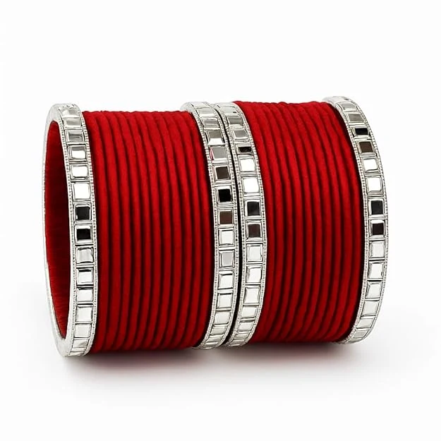 Traditional Red Velvet Bangles Set for Women & Girls with Mirror Stone Work � Indian Bridal Chura Style Kada � Ethnic Wedding Party Bangle Set - Product Details